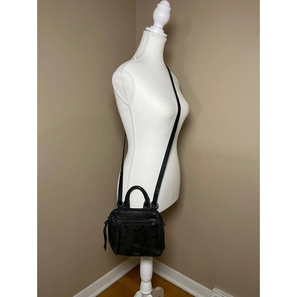The Sak Black Leather Embossed Floral Mini Backpack Convertible Crossbody Bag